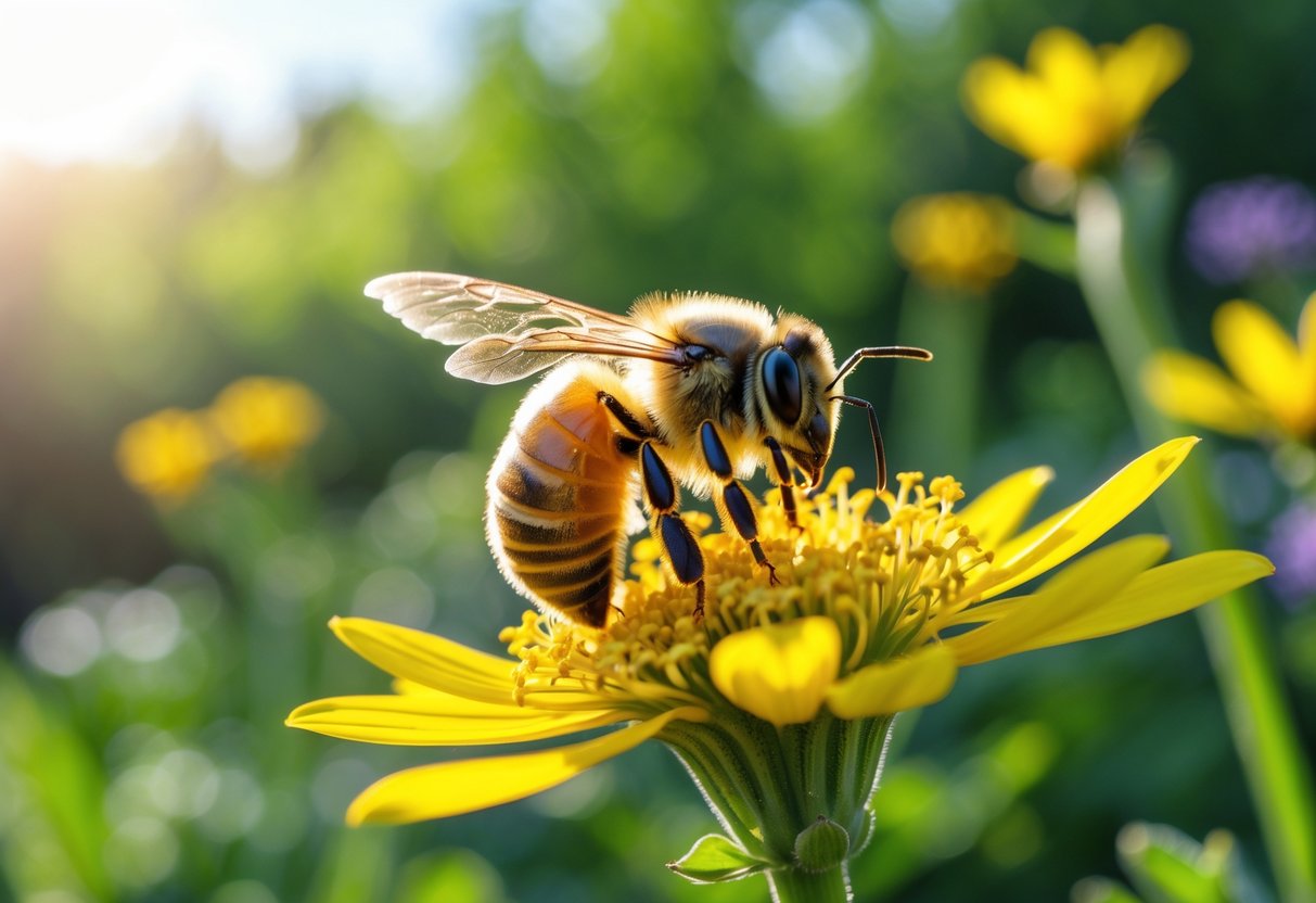 A honeybee resting on a yellow flower in a green garden.