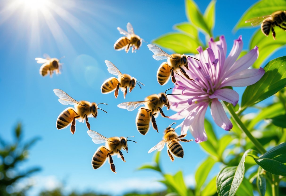 Several honeybees flying around a blooming flower in bright daylight with green plants in the background.