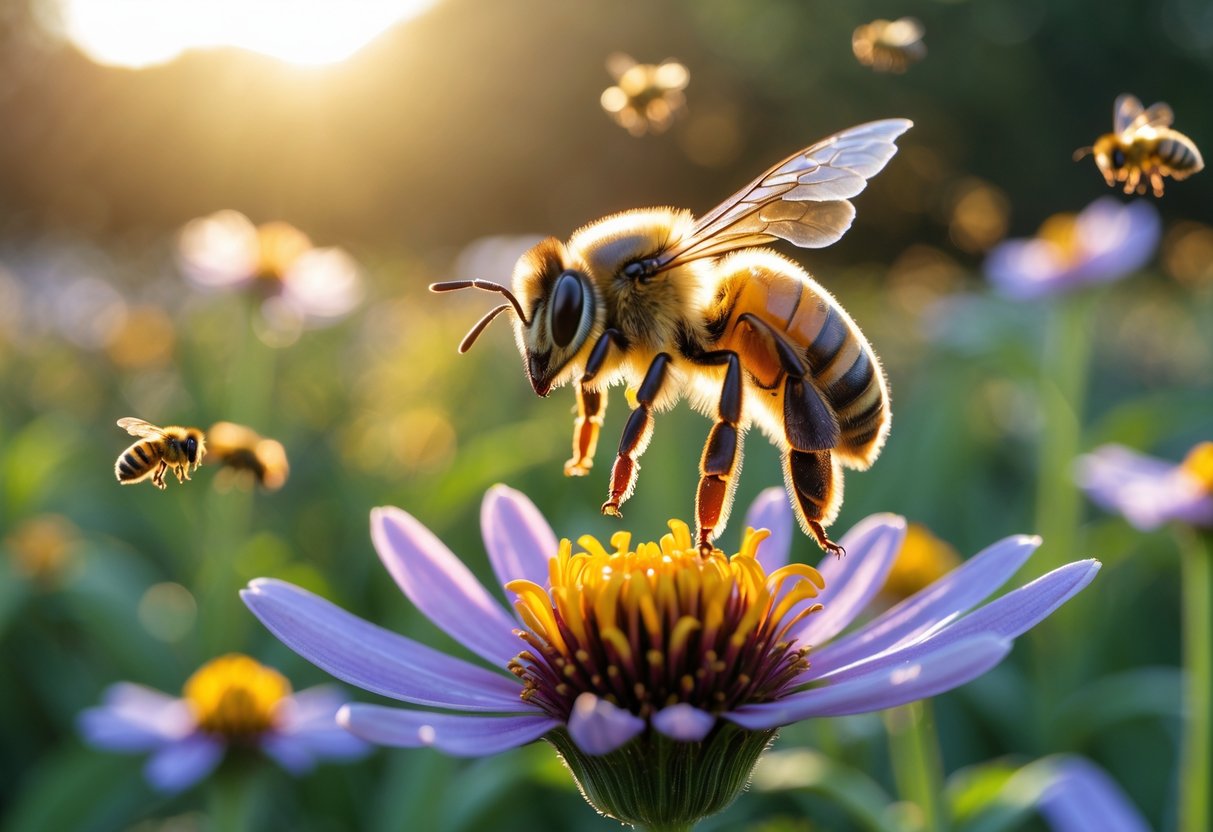 Close-up of a honeybee flying near a flower in a garden during late afternoon.