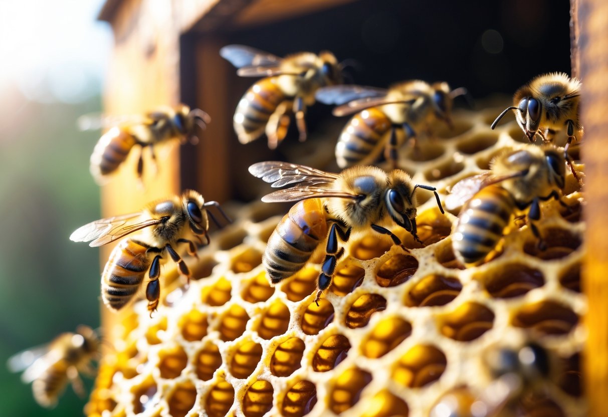 Close-up of bees on a honeycomb inside a beehive with some bees flying near the entrance in natural daylight.