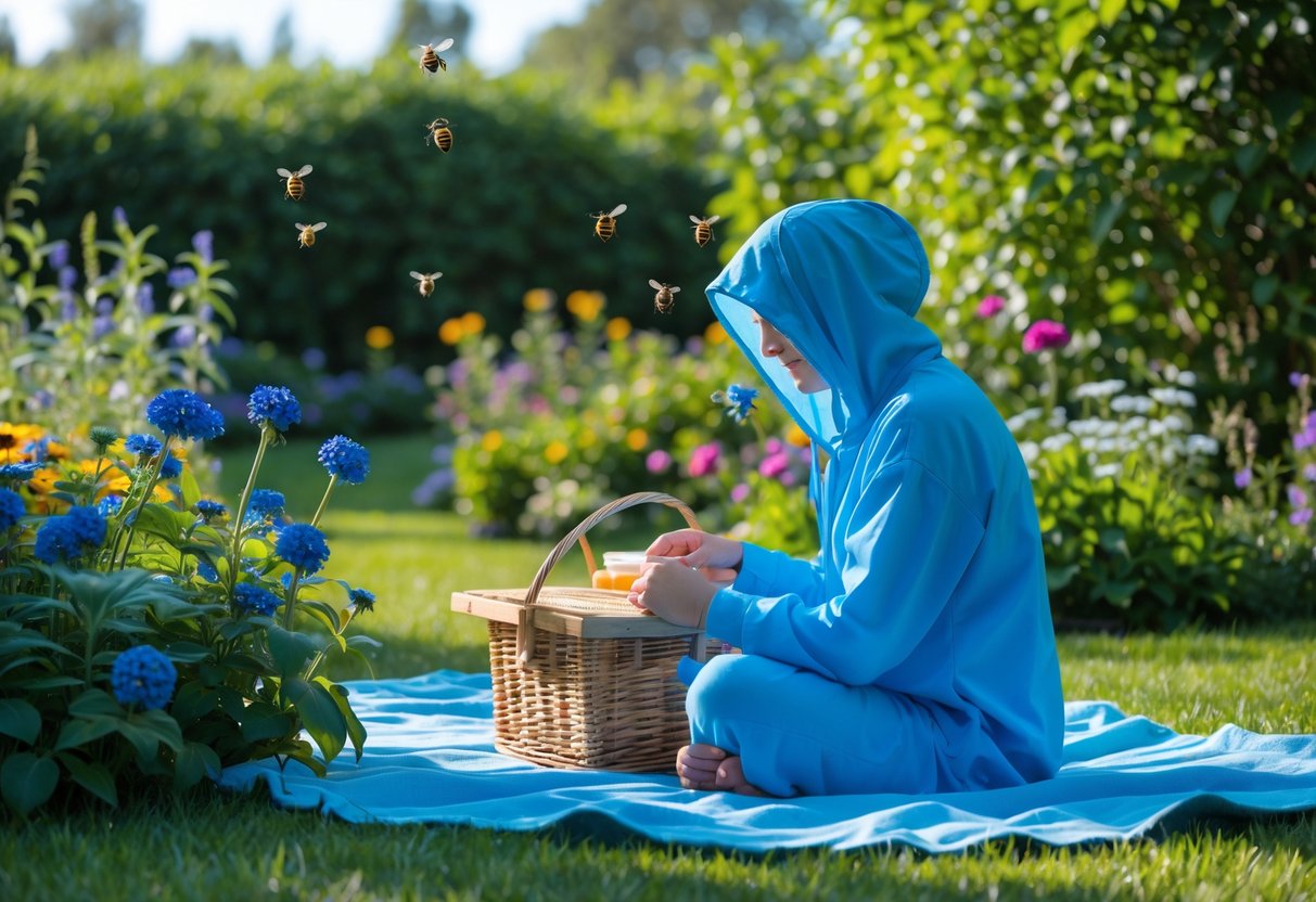 A person wearing bright blue clothes sitting near blooming flowers in a garden with no bees nearby.