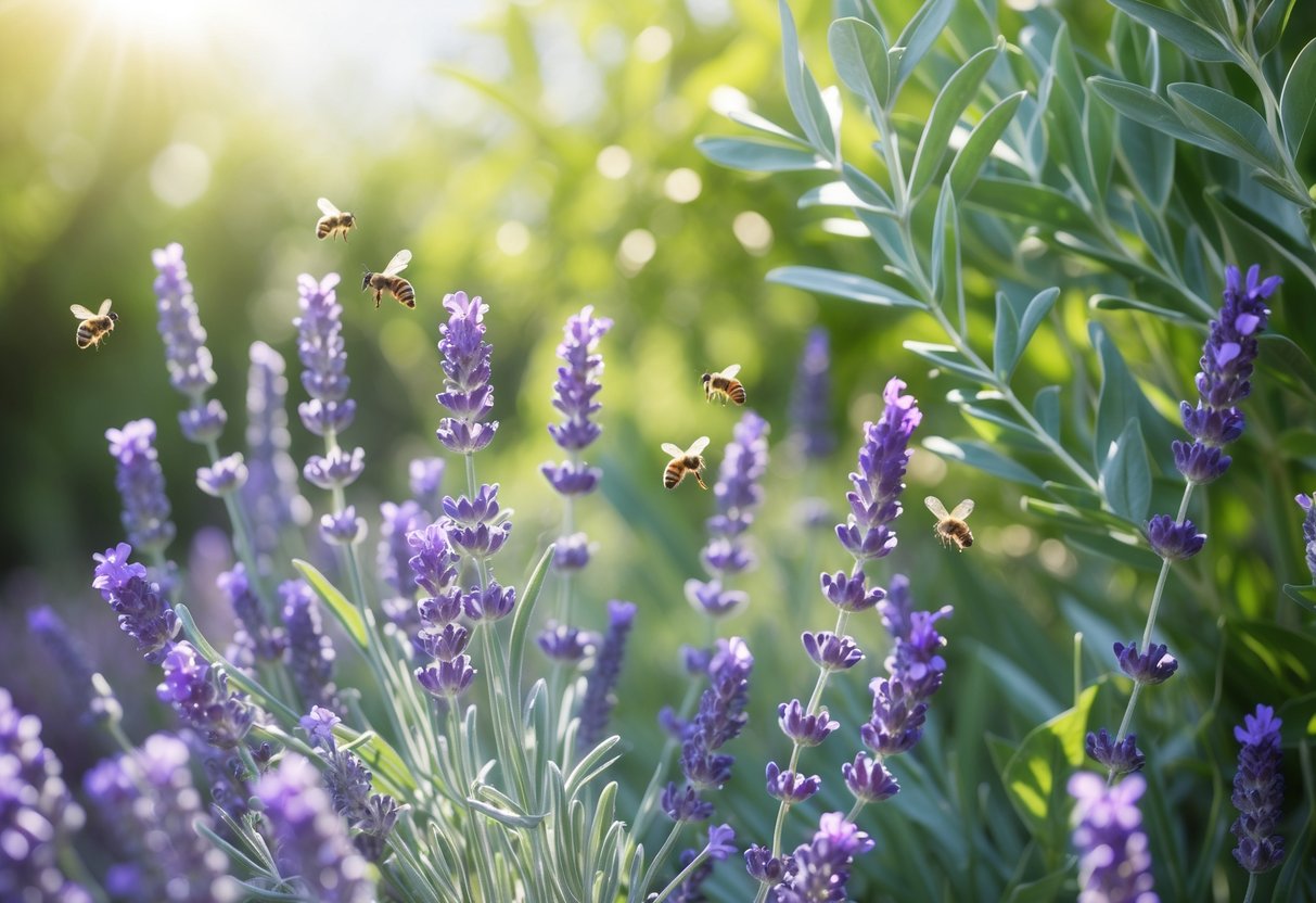 Close-up of lavender and eucalyptus plants in a garden with sunlight and green foliage, with no bees nearby.