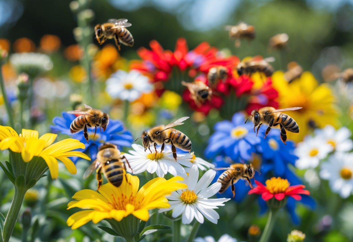 Bees visiting yellow, blue, and white flowers while ignoring nearby red flowers in a garden.