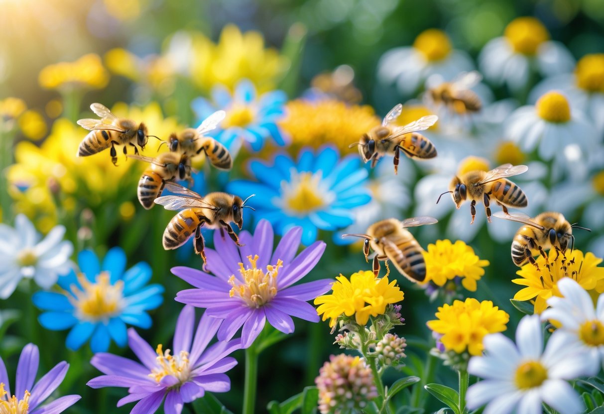Close-up of colorful flowers with bees on bright yellow, blue, and purple blooms, and fewer bees on white and greenish flowers in a garden.