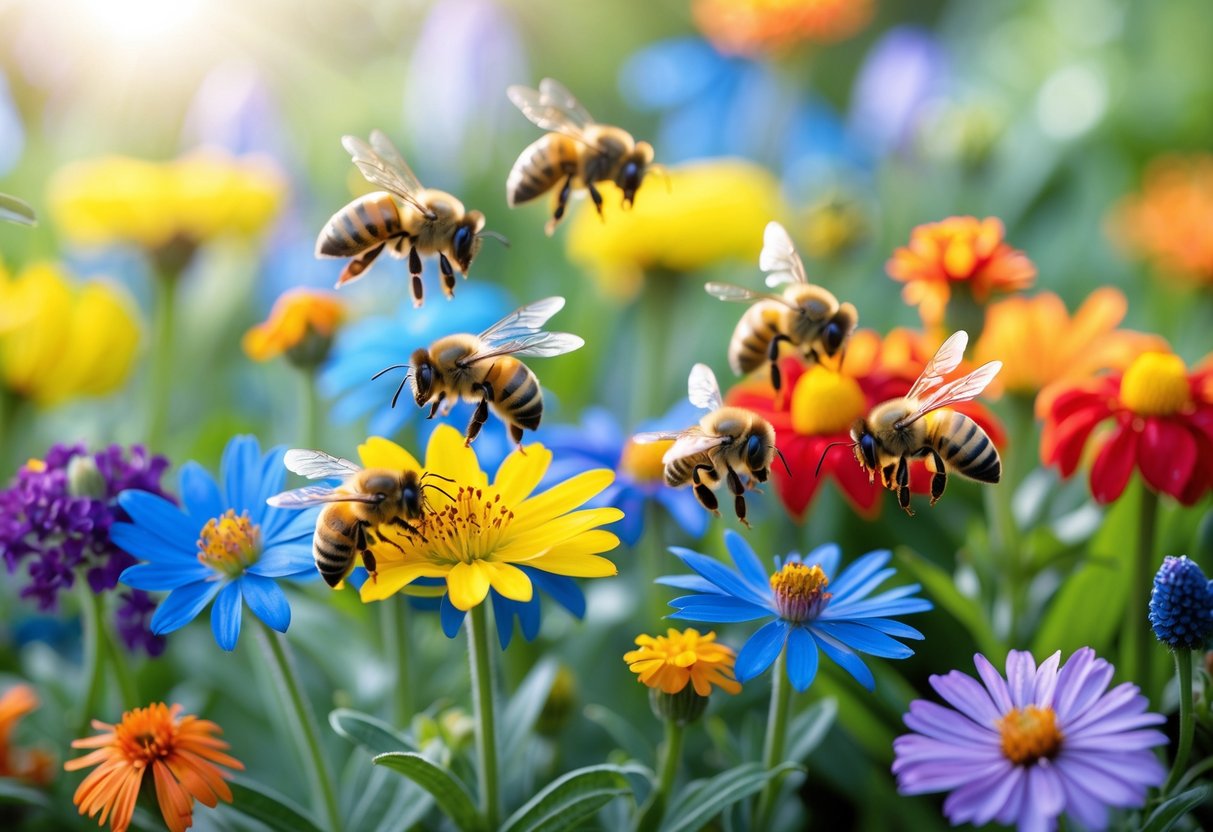 Close-up of bees pollinating yellow, blue, and purple flowers while avoiding red and orange flowers in a garden.