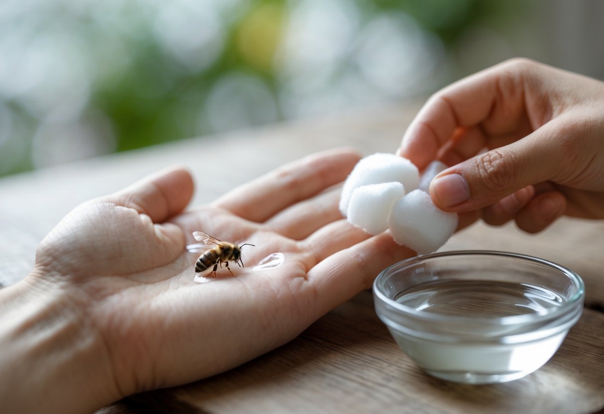 A person applying a vinegar-soaked cotton ball to a bee sting on their hand.