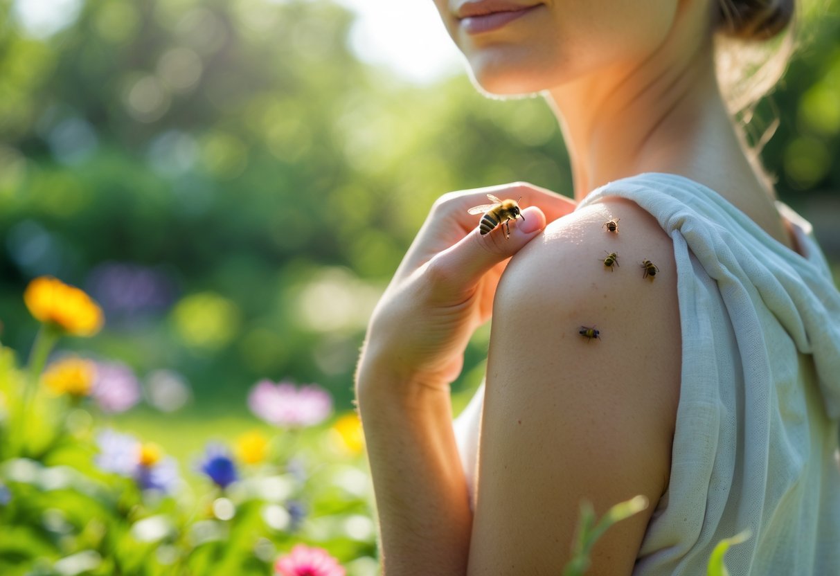 A person calmly standing outdoors with a bee resting on their upper arm.