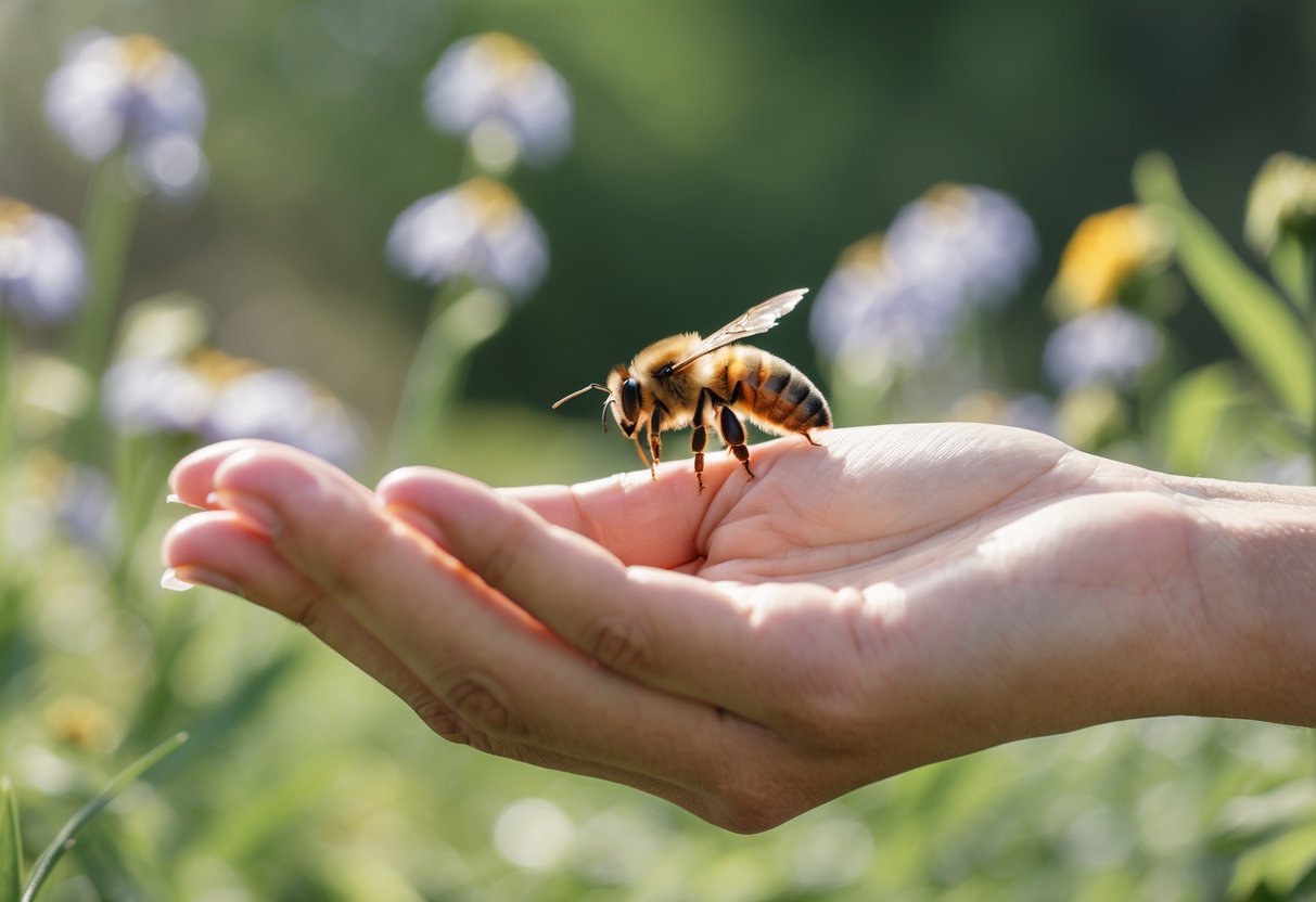 A person outdoors with a bee gently landing on their hand surrounded by flowers and greenery.