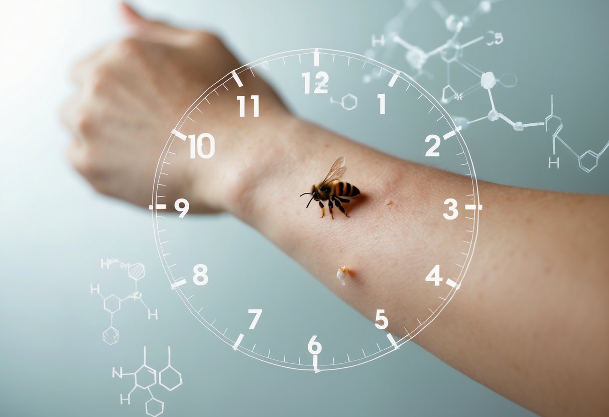 Close-up of a human arm with a visible bee sting and faint scientific graphics symbolizing venom and time.
