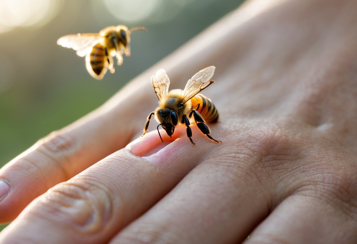 Close-up of a hand with a bee stinger embedded in the skin and slight redness around the sting site, with a bee flying away in the background.