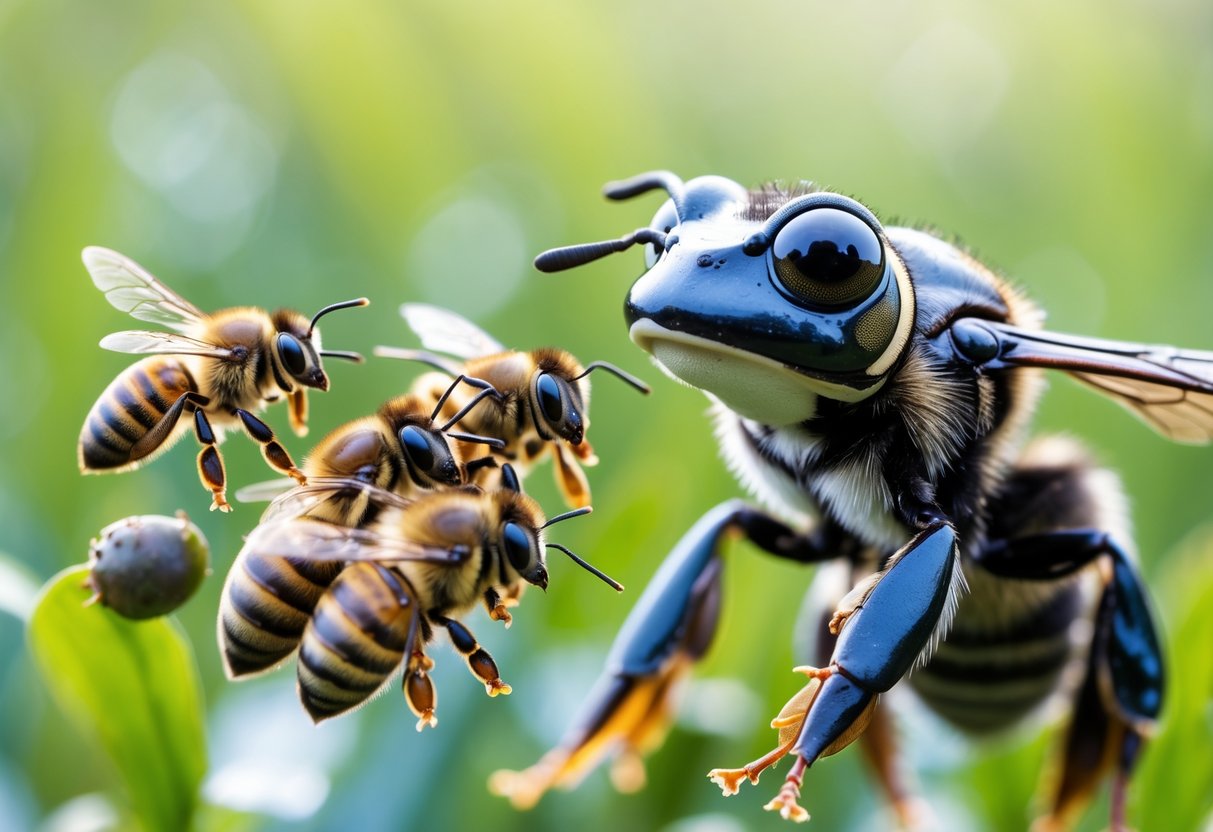 Bees flying away from a nearby frog in a green outdoor environment.