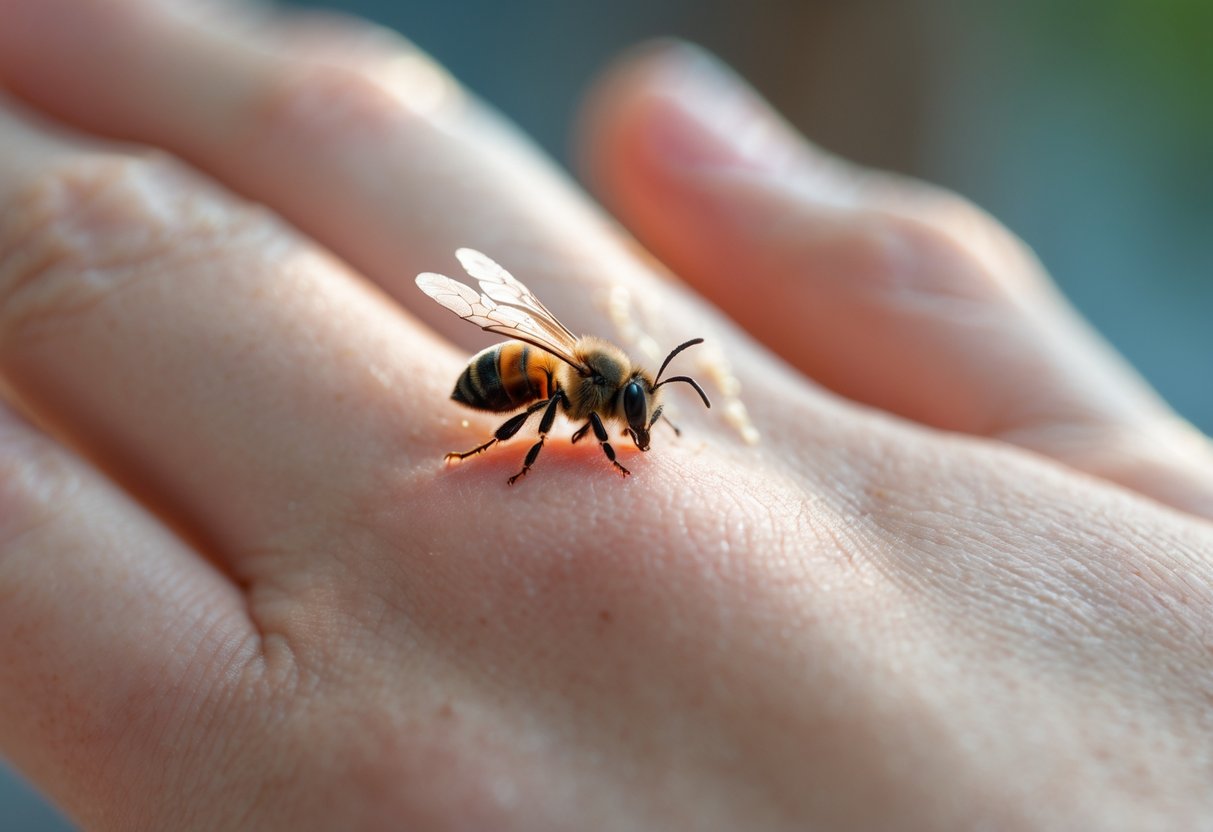 Close-up of a hand with a bee stinger embedded in the skin, showing redness and swelling around the sting.