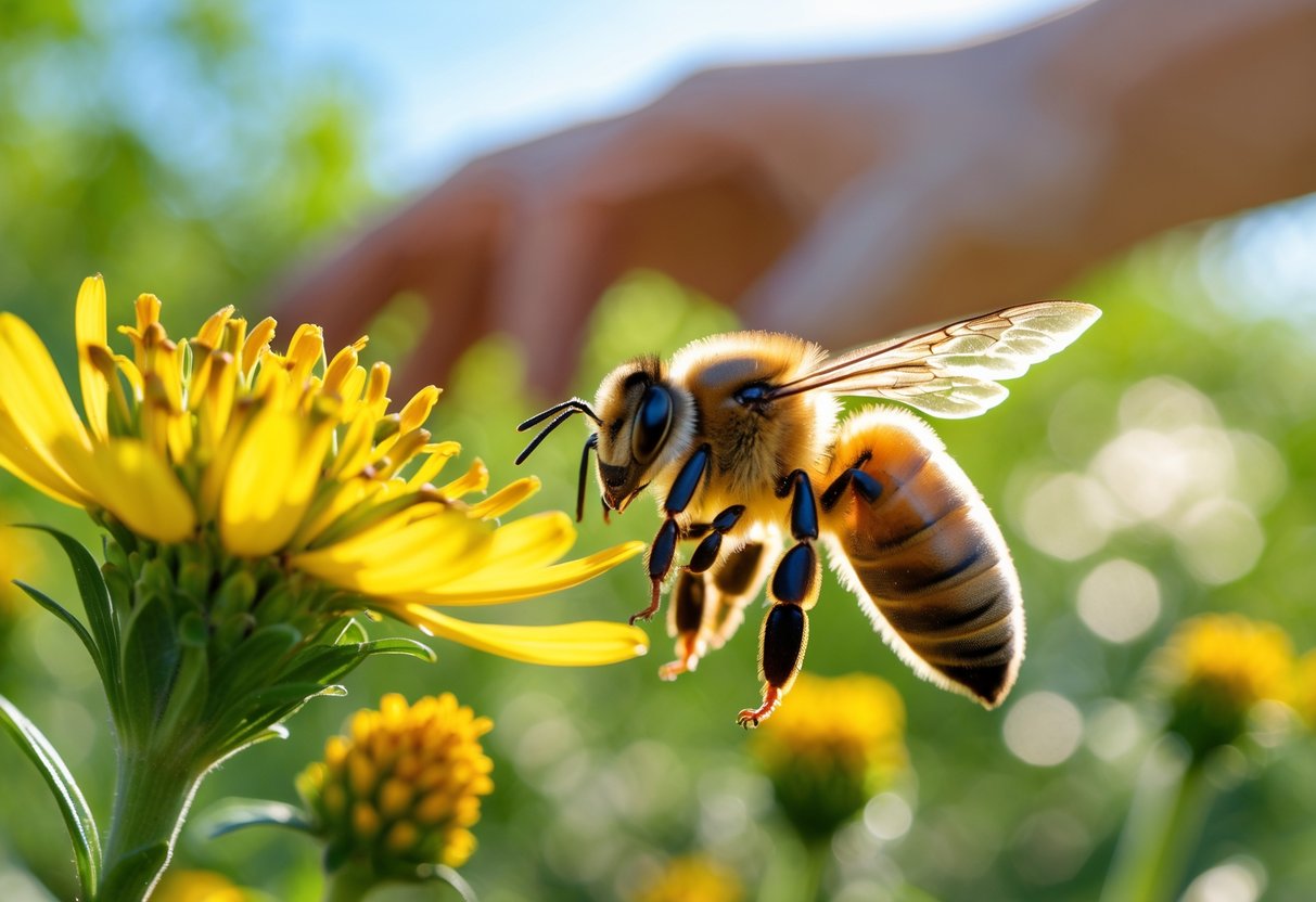 A honeybee flying near a yellow flower with a human hand reaching towards it in the background.