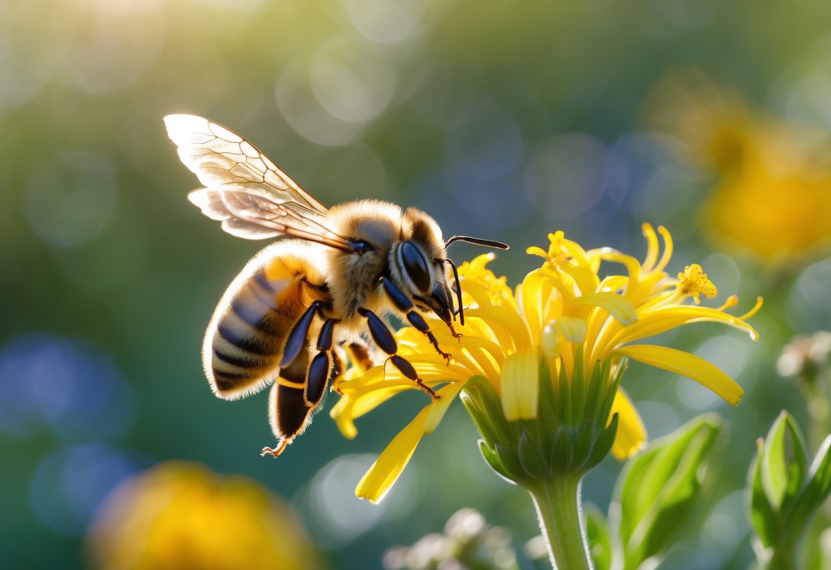 A honeybee hovering near a yellow flower in a garden.