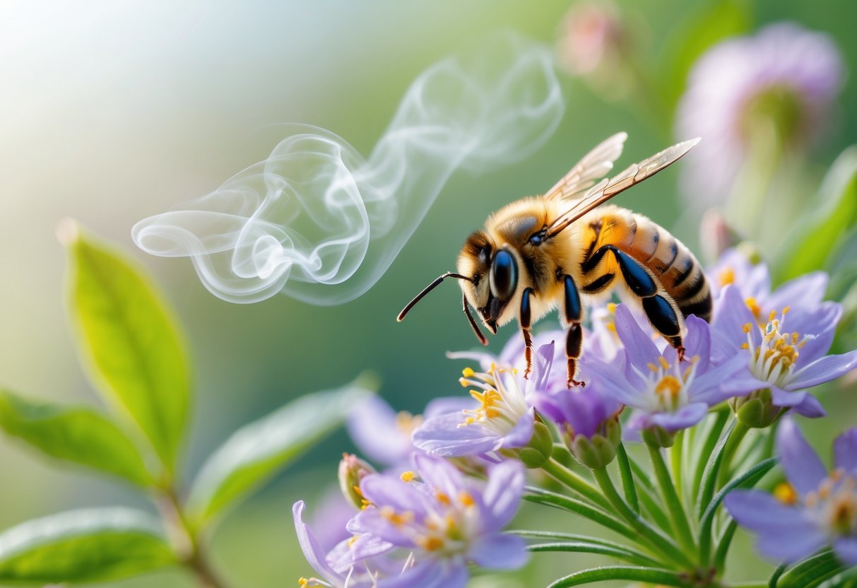 Close-up of a honeybee on flowers with a faint trail of smoke or scent in the air nearby.