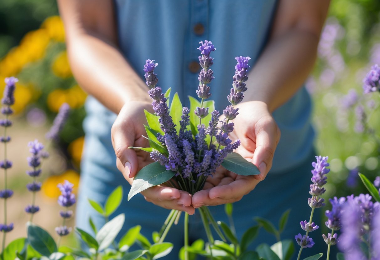 Close-up of hands holding lavender and eucalyptus leaves in a garden with flowers and green plants in the background.