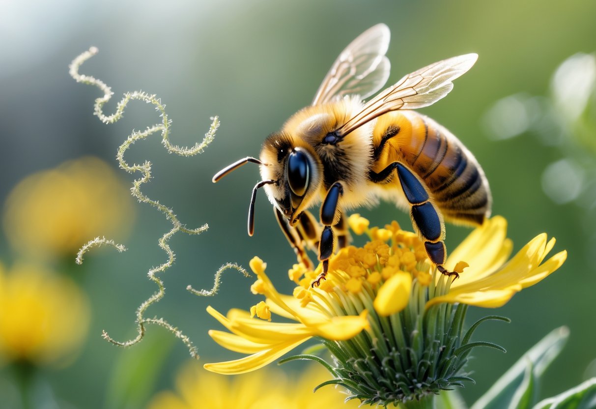 Close-up of a honeybee on a yellow flower with pollen, surrounded by green foliage.