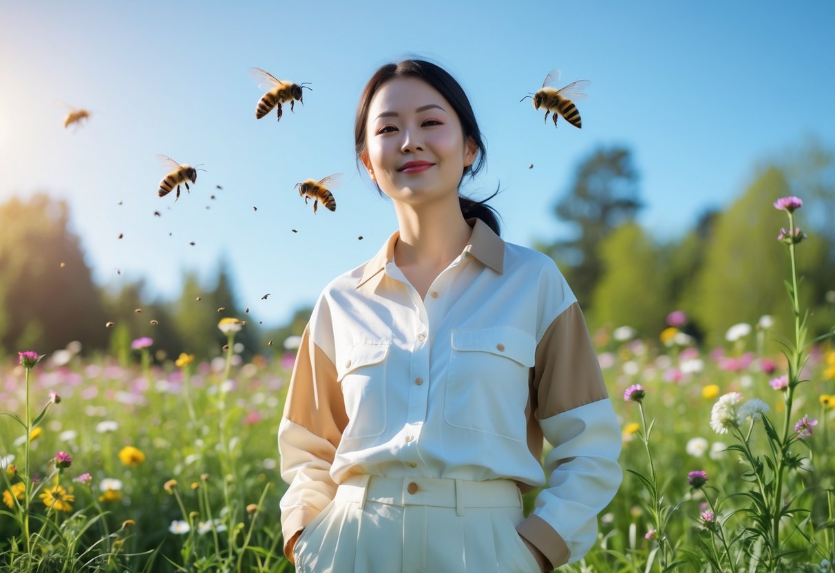 A person wearing light-colored clothes standing calmly in a sunny meadow with flowers and a few bees flying nearby.