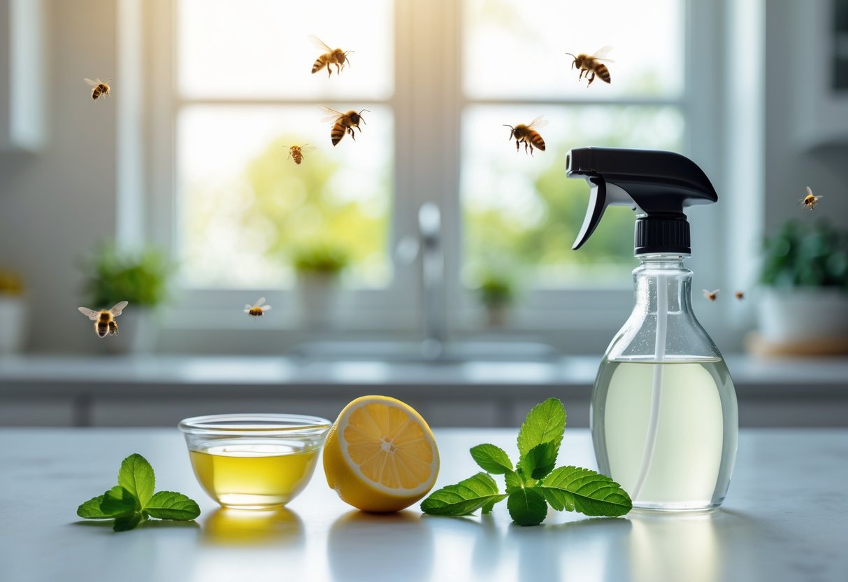 A kitchen countertop with natural ingredients and a spray bottle for a homemade bee killer.