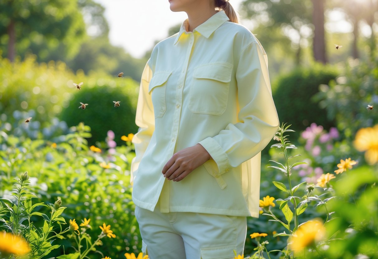 A person wearing light-colored clothes standing calmly outdoors in a garden with green plants and sunlight.