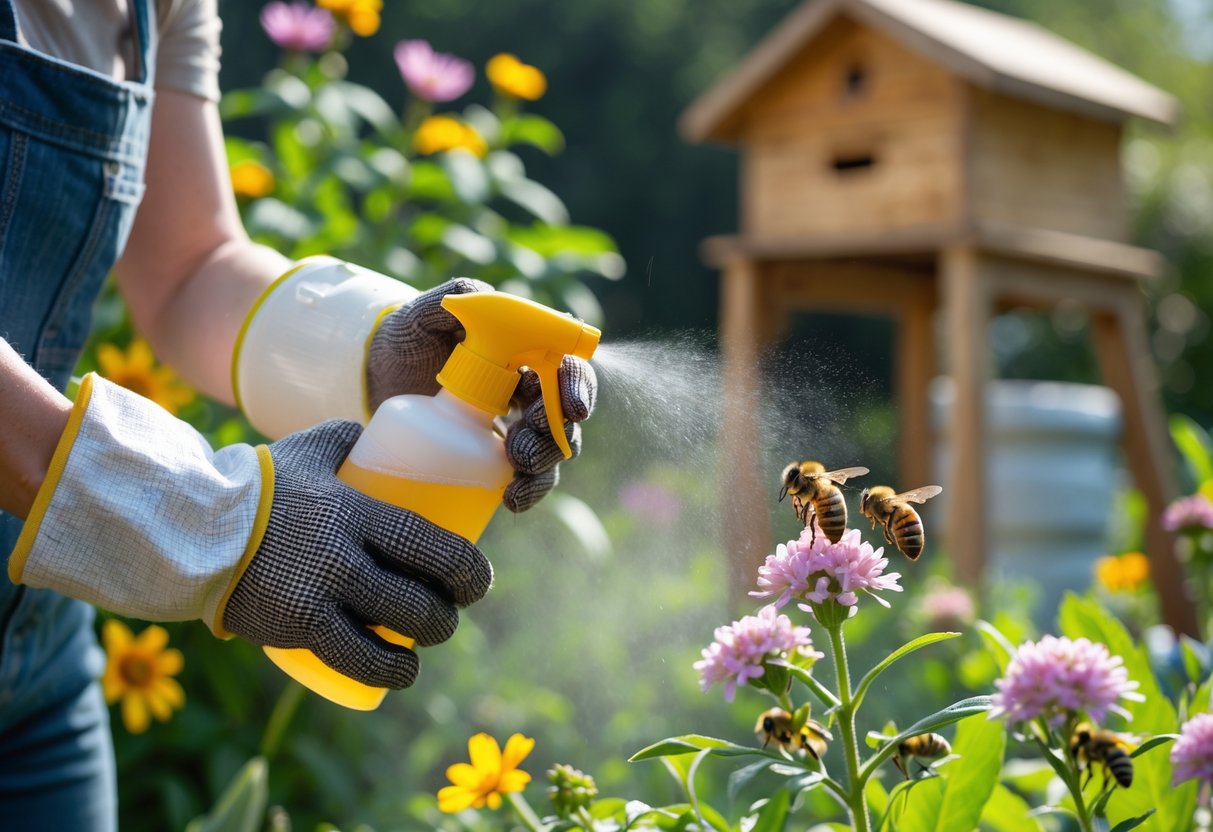 Person wearing gloves spraying a homemade bee repellent near bees on flowers in a garden.