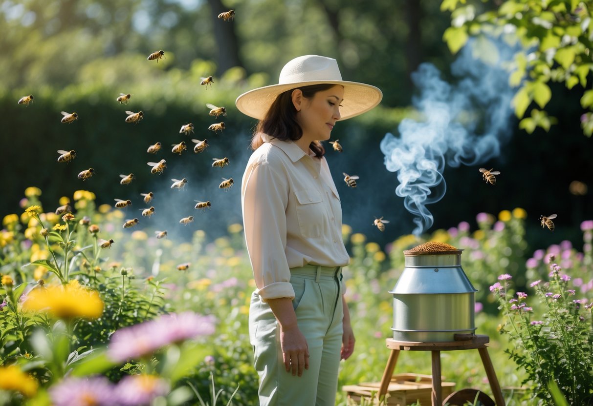 A person calmly standing in a garden surrounded by bees with a beekeeper's smoker in the background.