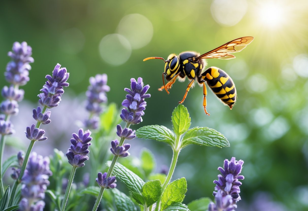 A wasp flying near lavender flowers and mint leaves in a garden.