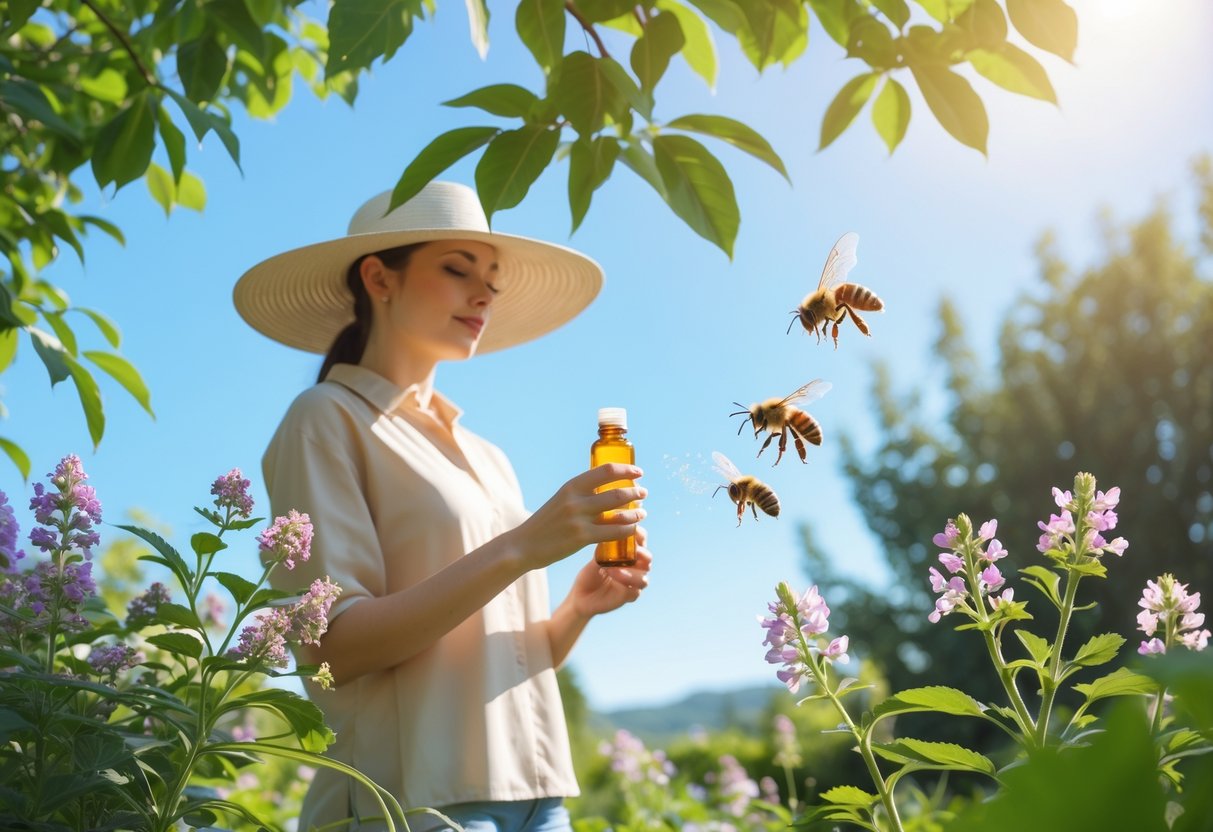 A person outdoors near flowers holding a small container while bees hover nearby in a garden.