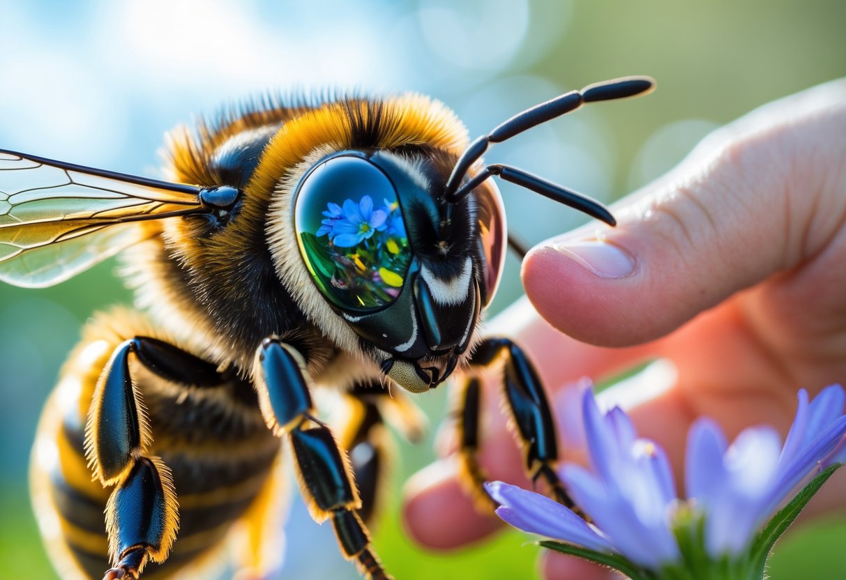 Close-up view from a bee's eyes showing a human hand reaching toward a flower outdoors.