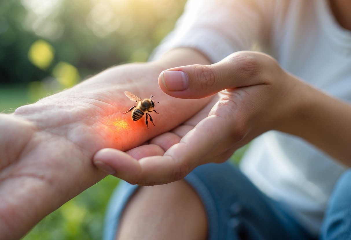 A close-up of a hand touching a swollen, red bee sting on a forearm.