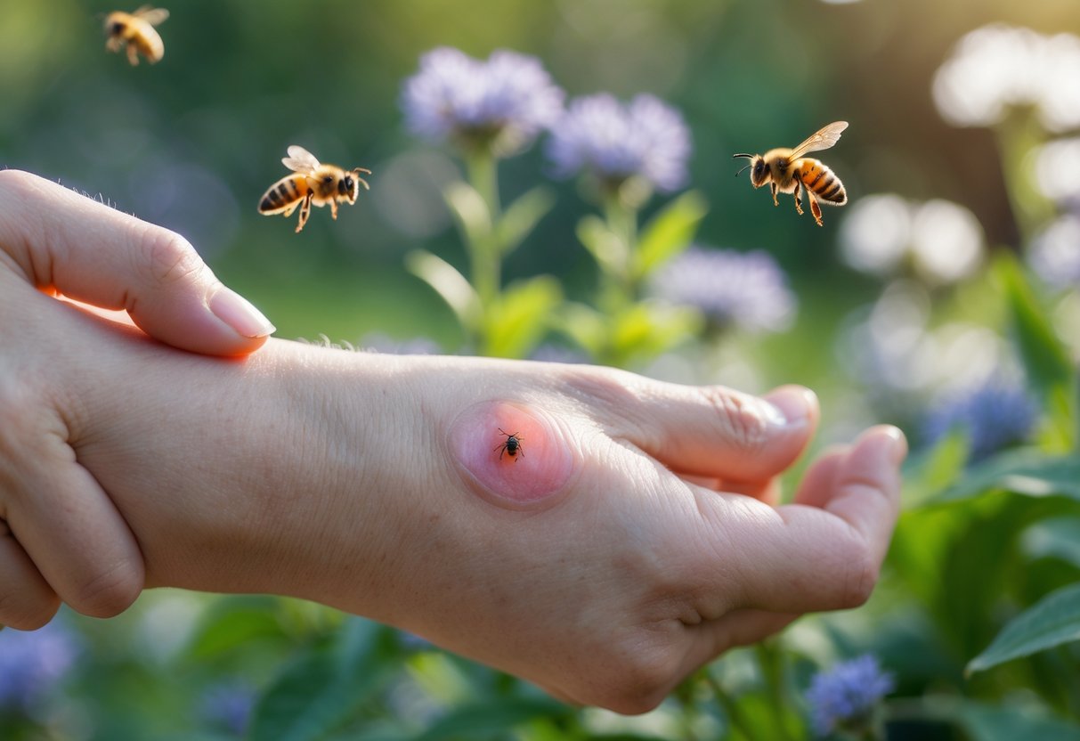 A person examining a small red bee sting on their forearm with a garden and bees in the background.