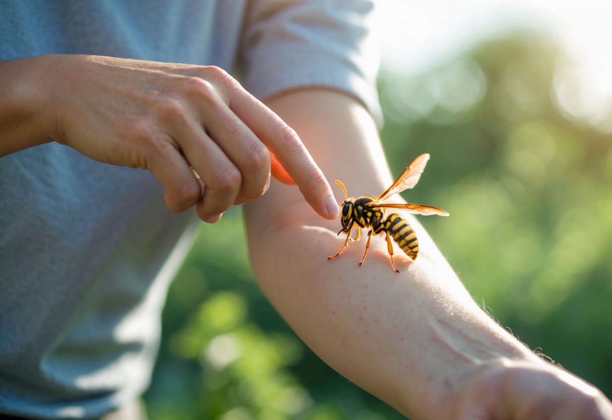 A person gently brushing a wasp off their arm outdoors with a calm expression.