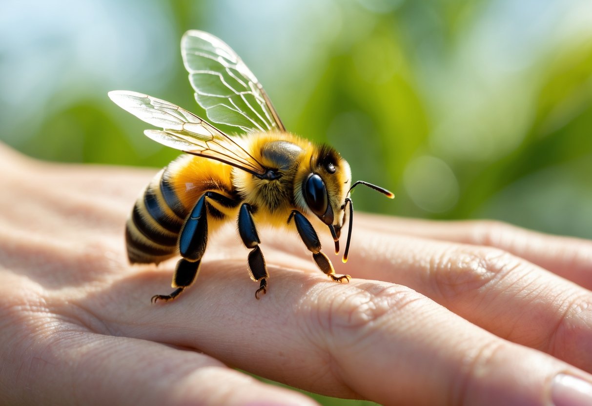 A honeybee resting on a person's open hand with a blurred green background.
