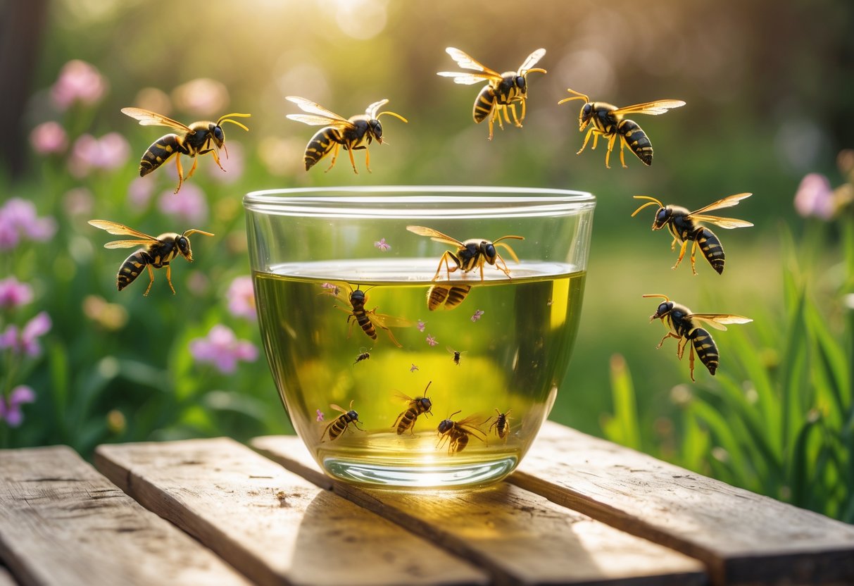 A glass bowl filled with vinegar on a wooden table outside with wasps flying nearby.