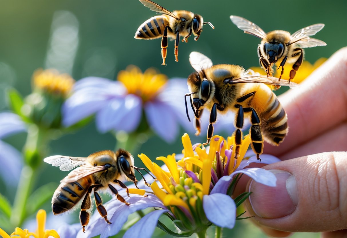 Close-up of different bees and similar insects on flowers and a bee landing gently on a person's hand outdoors.