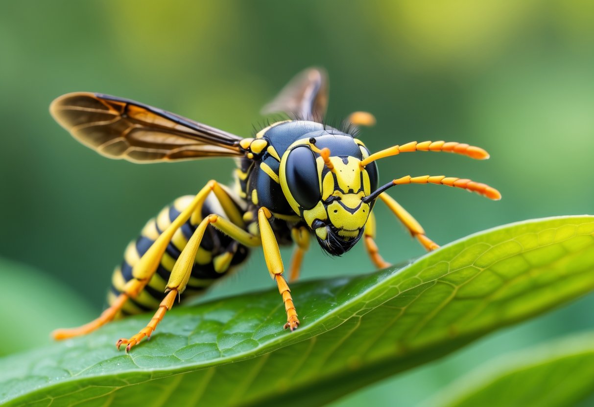 A close-up of a wasp sitting on a green leaf with its face clearly visible against a blurred green background.