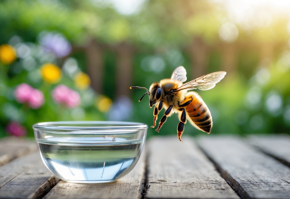 A honeybee flying near a small glass bowl of vinegar on a wooden table outdoors with green plants and flowers in the background.