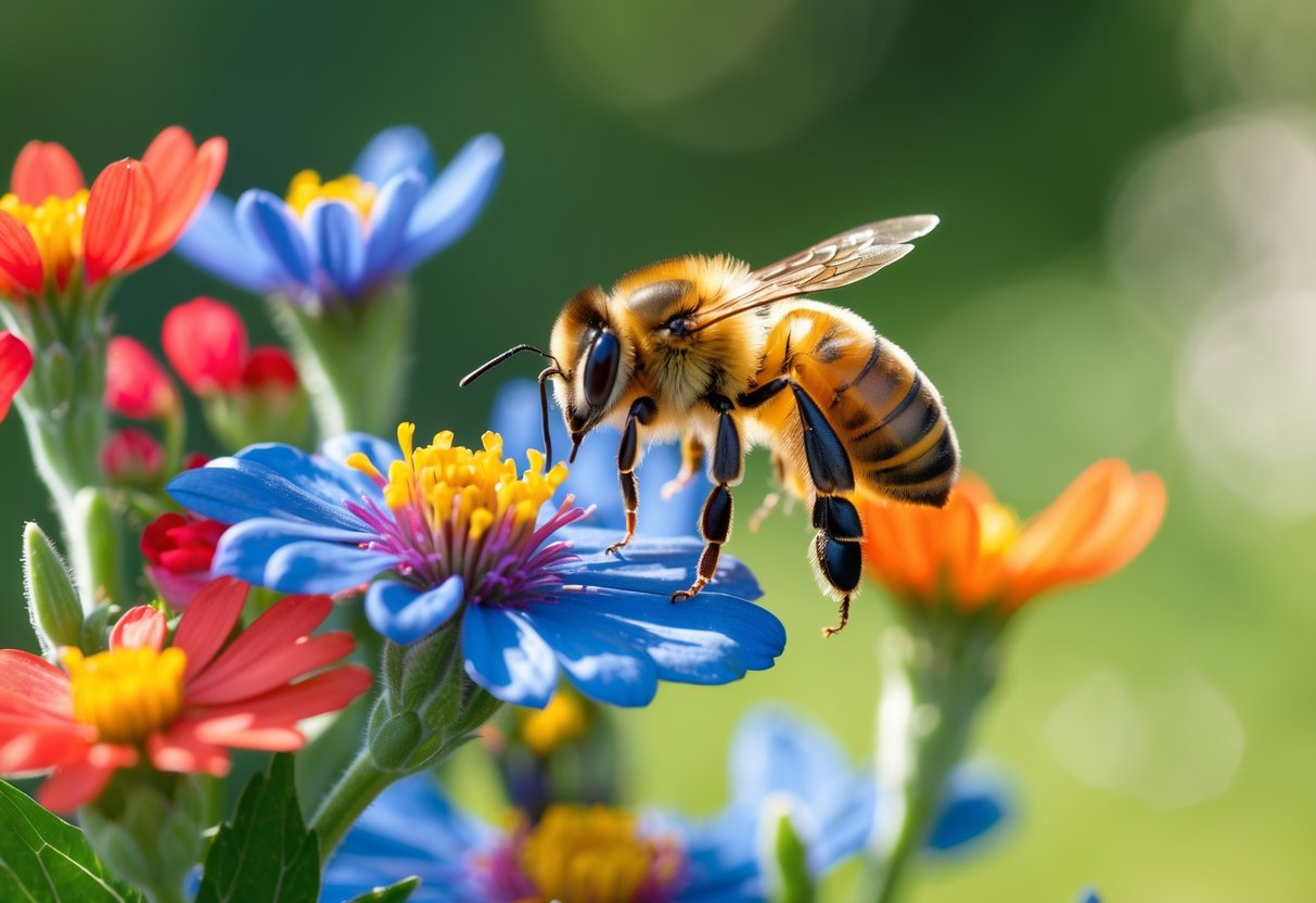 A honeybee hovering near brightly colored flowers in a garden.