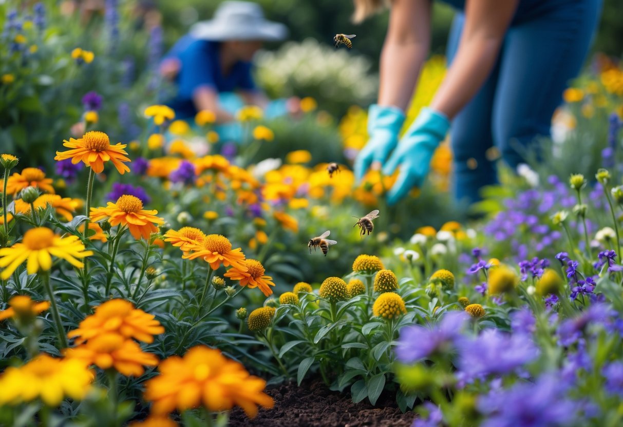 Close-up of a garden with colorful flowers attracting bees, showing a person tending plants and areas with fewer bees around blue and green plants.