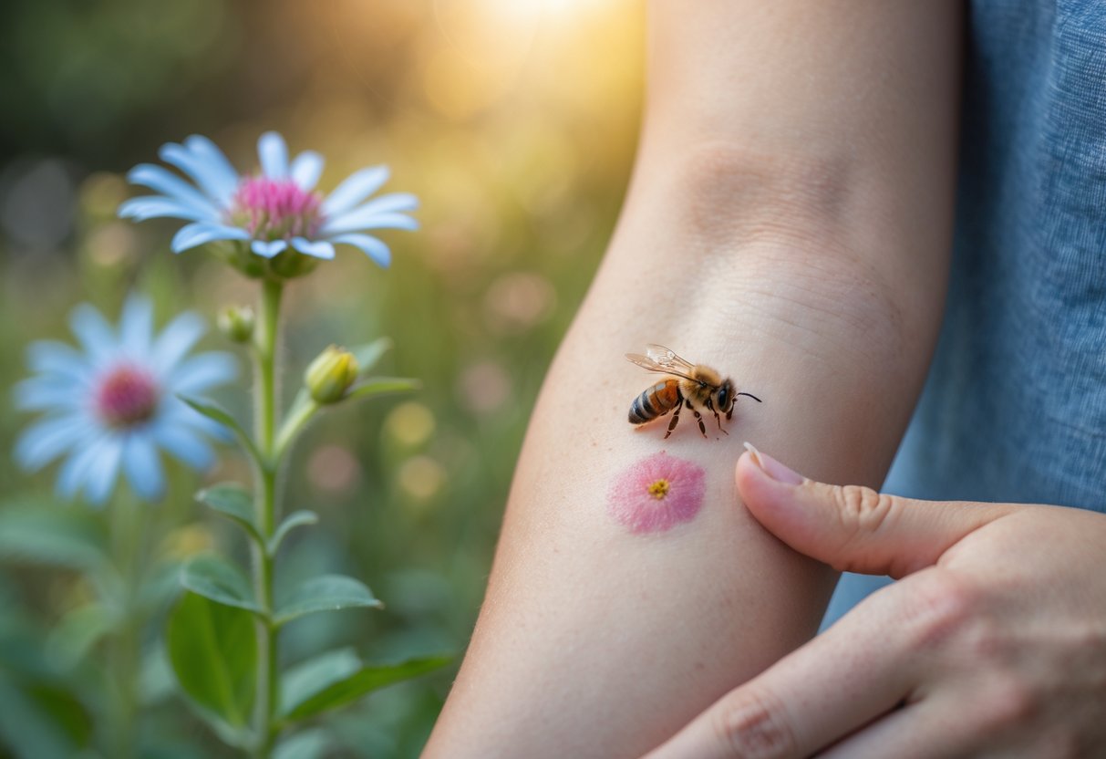 Close-up of a person's arm with a visible bee sting surrounded by slight redness and swelling, with a honeybee on a flower in the background.
