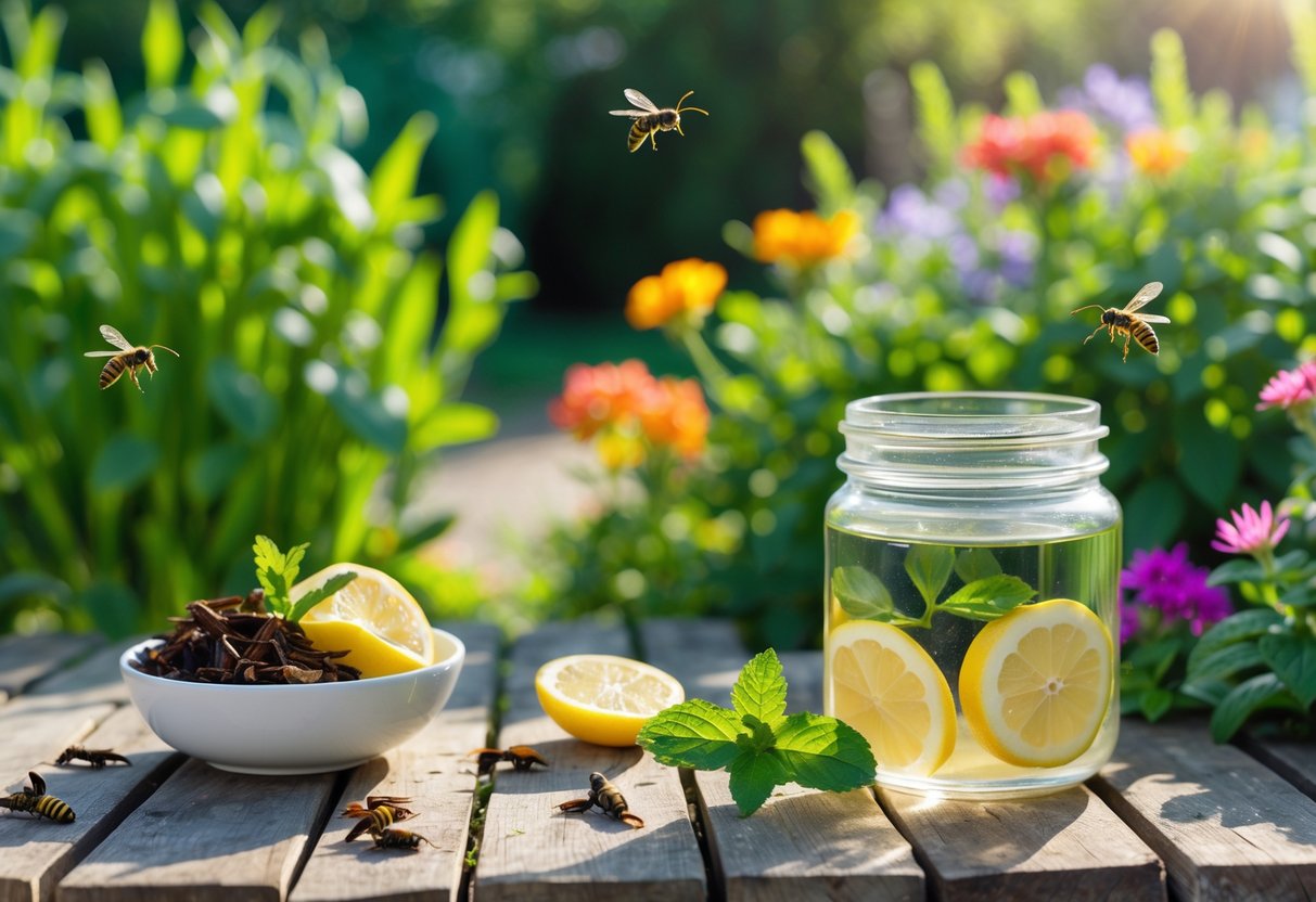 Outdoor garden scene with a picnic table displaying natural wasp repellents like cloves, lemon slices, mint leaves, and a homemade wasp trap jar surrounded by green plants and flowers.