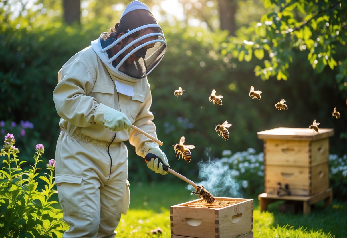A person in protective beekeeping gear gently removing bees near a wooden beehive in a green garden.