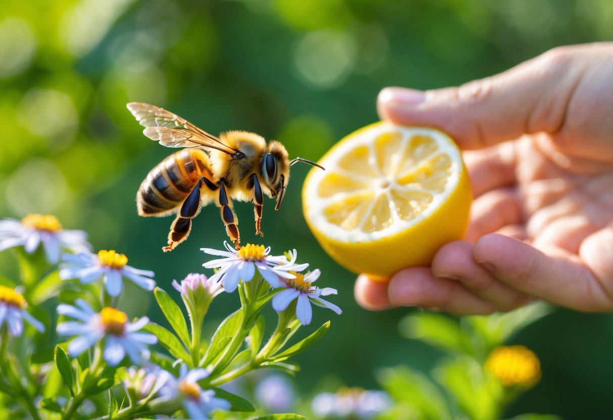 A honeybee flying near flowers with a hand holding a lemon peel in the background outdoors.