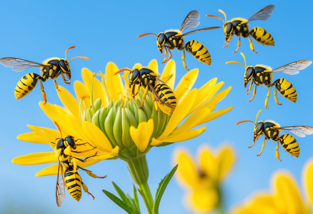 Close-up of several wasps attracted to a bright yellow flower outdoors under natural daylight.