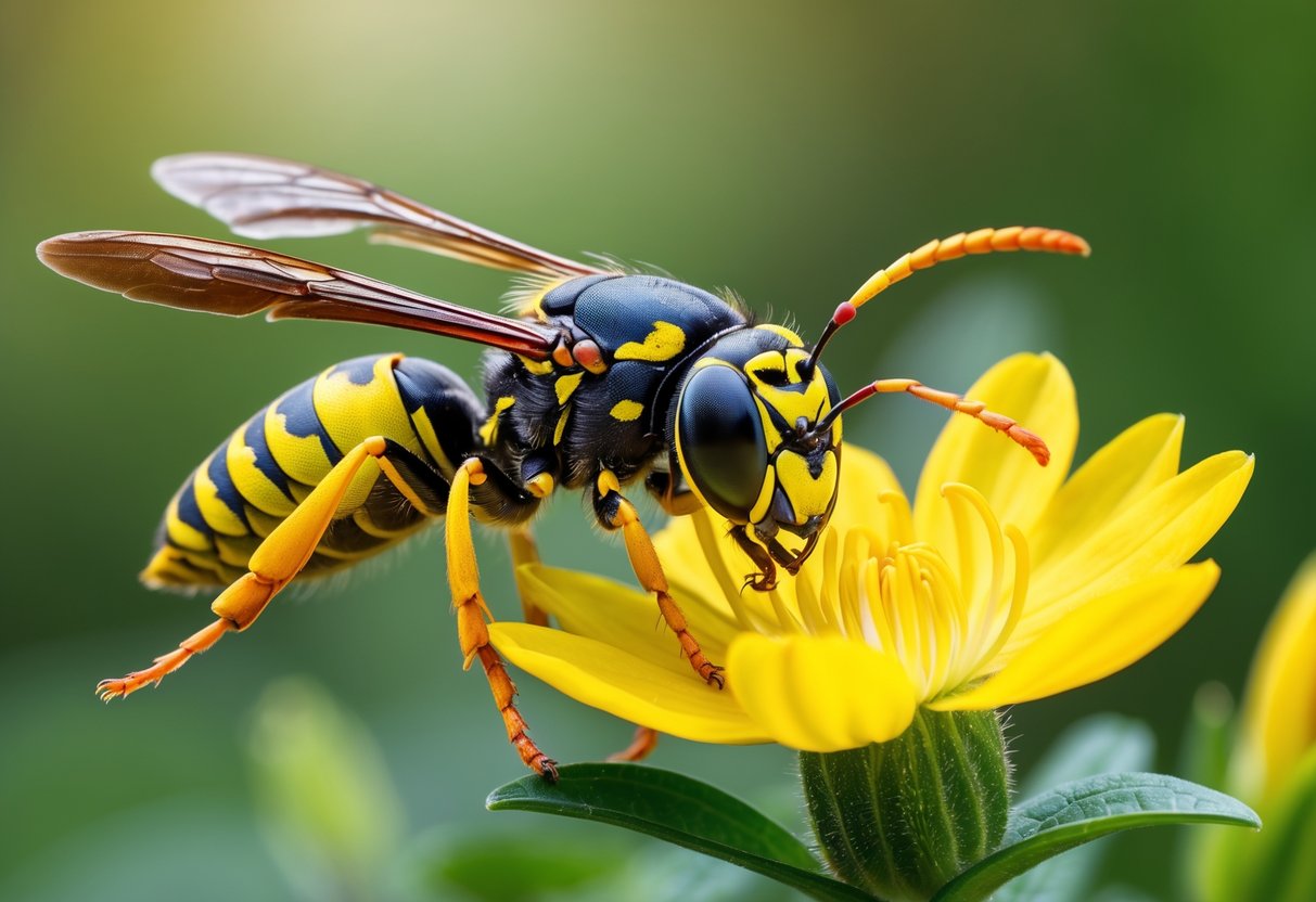A close-up of a wasp sitting on a bright yellow flower with green leaves in the background.