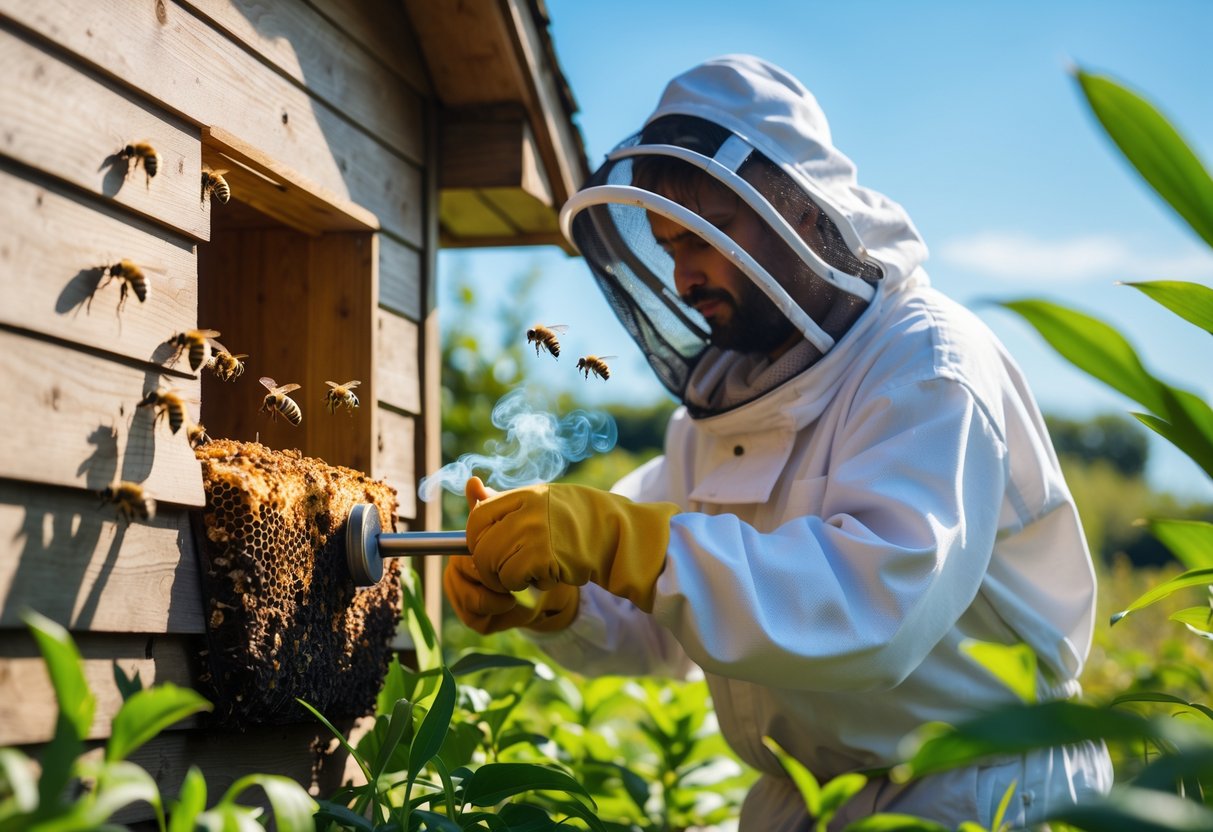Person in protective gear removing a beehive from a wooden house exterior using a smoker tool with bees flying calmly nearby.