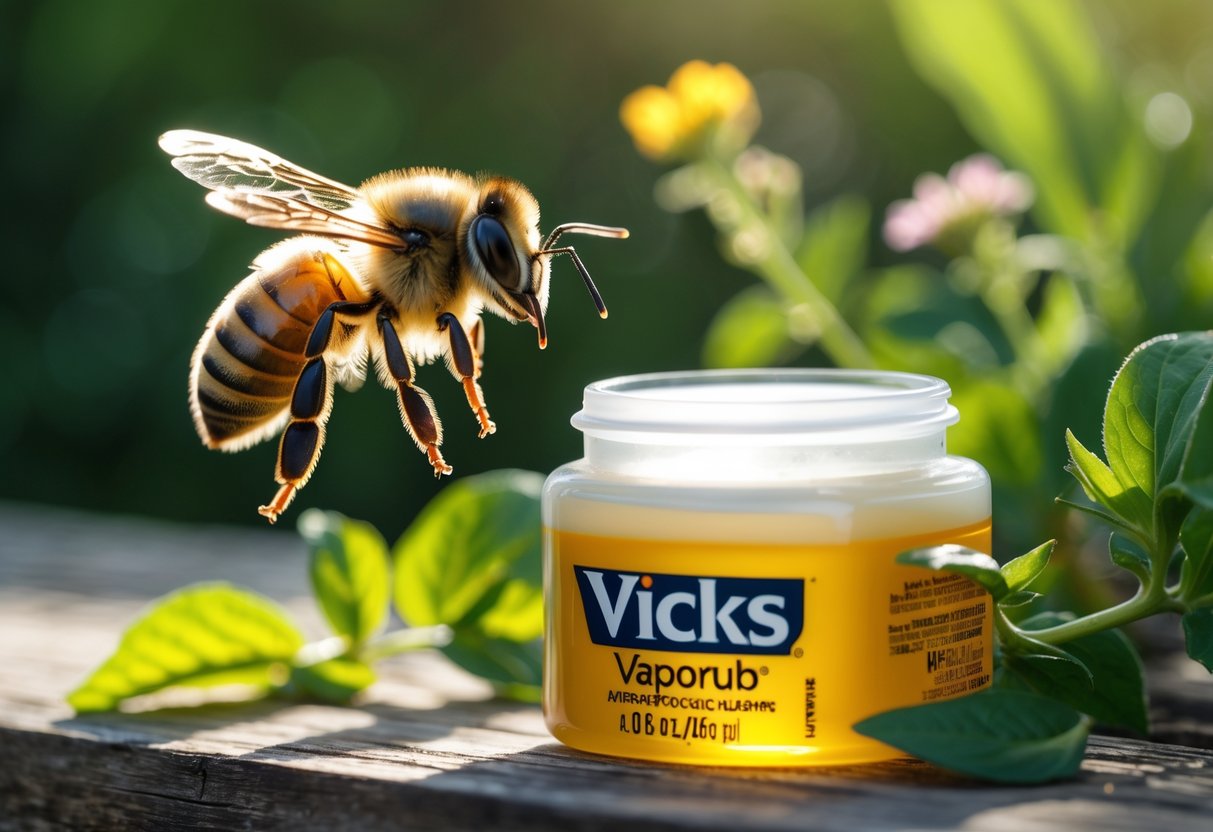 A honeybee hovering near an open jar of Vicks VapoRub on a wooden surface outdoors with green leaves and flowers around.