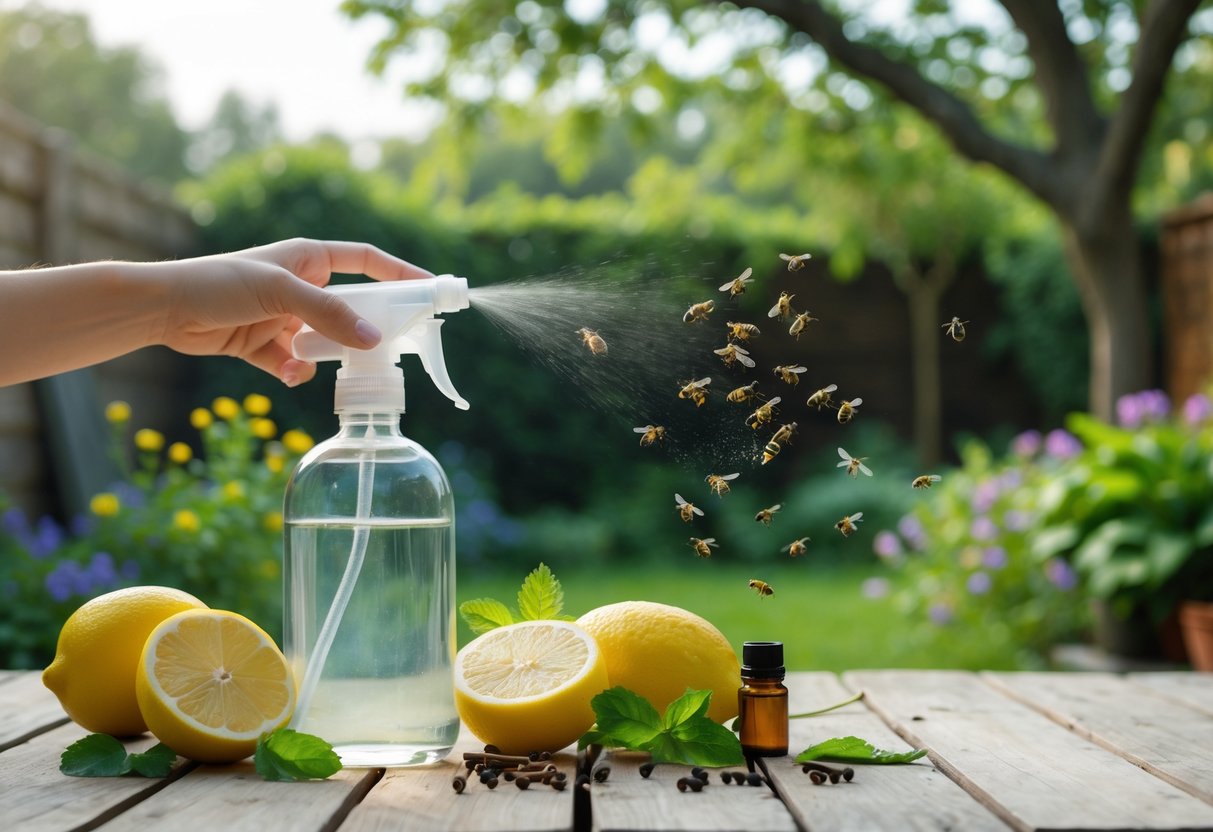 A person spraying natural bee repellent in a garden with lemons, mint leaves, and cloves on a table nearby and bees on a tree branch in the background.