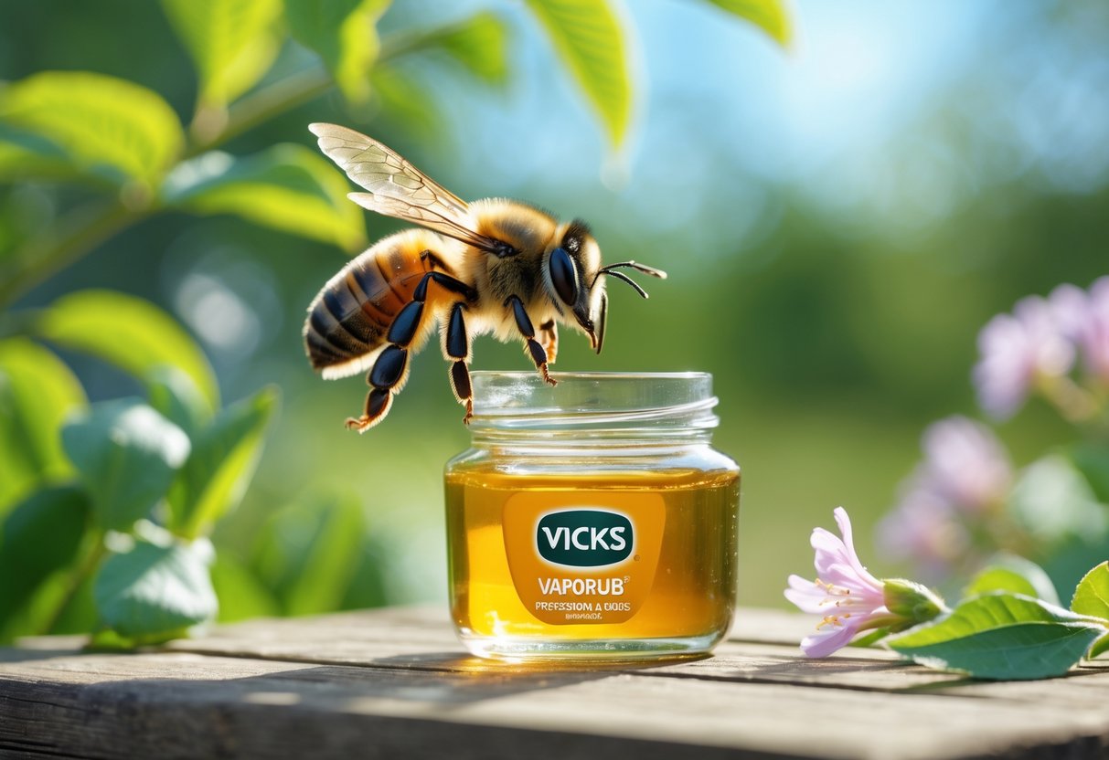 A honeybee flying near a small jar of Vicks VapoRub on a wooden surface with green leaves and flowers around.