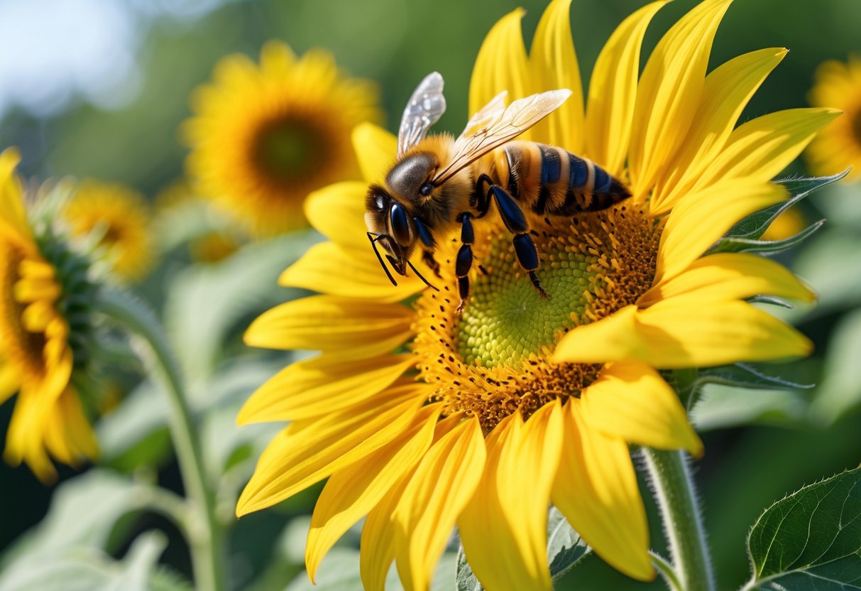 A honeybee collecting nectar from a bright yellow sunflower surrounded by green leaves.